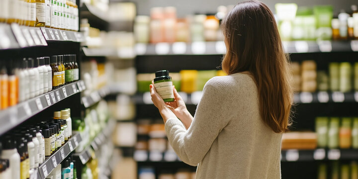 A woman in a cozy sweater examines a bottle of vitamins attentively while standing in a health supplement aisle, highlighting wellness and informed shopping choices.