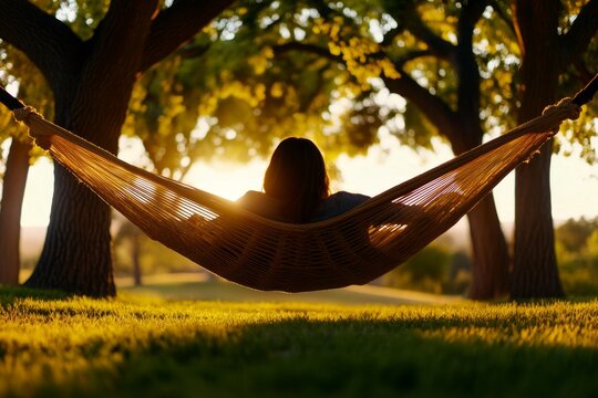 Peaceful morning in a hammock, where a person wakes up slowly, rocking gently in the breeze, completely refreshed by the slow rhythm of the morning