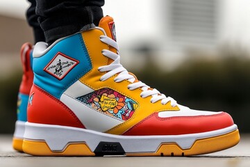 Person designing custom sneakers online, choosing from a palette of colors and patterns, adding personalized text to create a one-of-a-kind pair