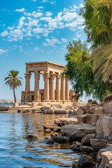 Obraz premium A picturesque view of an ancient temple on an island in a calm lake, with a palm tree and lush greenery in the foreground.