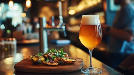 A craft beer being paired with gourmet food at a restaurant, showcasing a sophisticated side of beer tasting