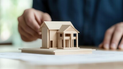 Architects hand placing a miniature project model on blueprints, finetuning details for construction plans, 3D illustration