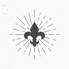 Fleur De Lis icon with light rays. Vintage Monarchy icon with stamp effect. Vector illustration © Denys Holovatiuk