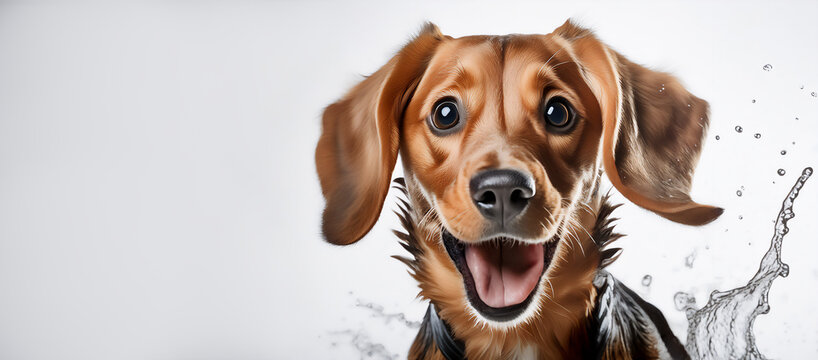 Portrait von einem braunen Hund mit Schlappohren und offener Schnautze, drumherum einige Wasserspritzer, wei&szlig;er Hintergrund und Freifl&auml;che, fotorealistische Illustration