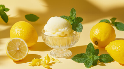Refreshing lemon sorbet served with whole and sliced lemons, adorned with mint, placed on a vibrant yellow background expressing freshness and zest for life.