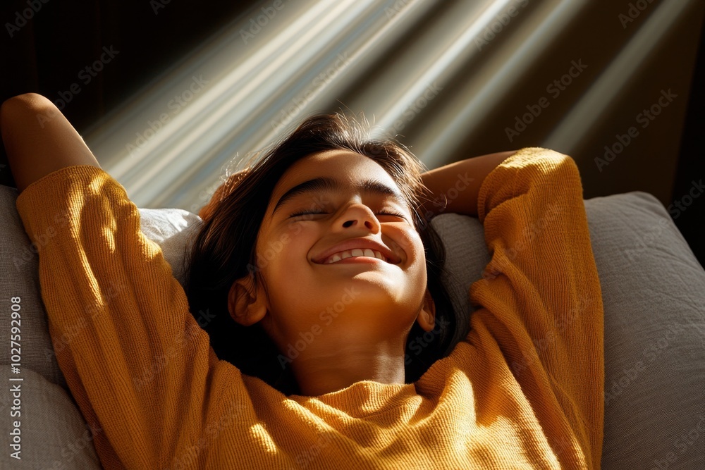 Poster person waking up to soft sunlight streaming through the window, their face illuminated with a peacef