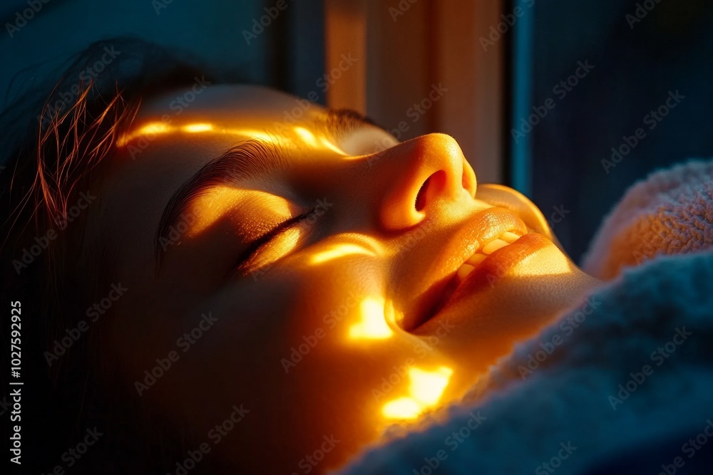 Poster person waking up to soft sunlight streaming through the window, their face illuminated with a peacef