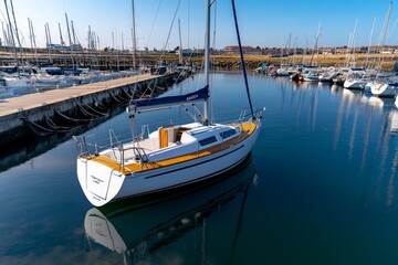 Fototapeta premium Sailboat in a marina, with its sails furled and ropes neatly coiled, resting peacefully among other boats, waiting for the next adventure on the open water