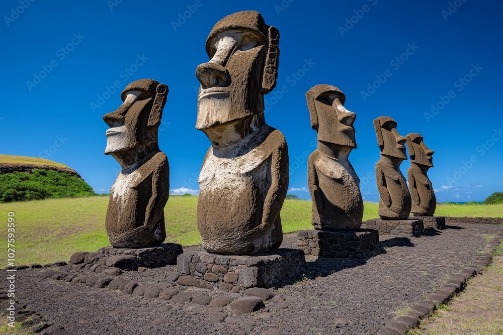 Poster Simple depiction of the Moai statues, with their distinctive shapes reduced to basic forms, standing in a row against a plain background