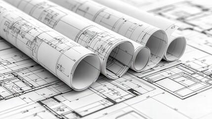 3D blueprint scroll unfurls revealing intricate architectural designs and functionality flowcharts, on an isolated background.