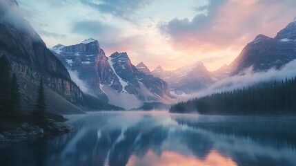 A breathtaking view of towering mountains bathed in the warm hues of sunrise, with soft clouds drifting above and a serene lake reflecting the colors