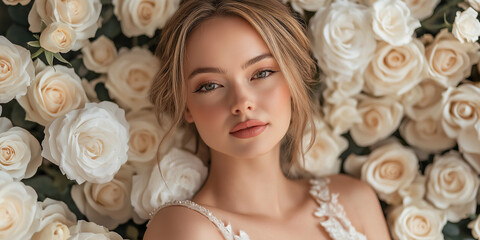 Naklejka premium A beautiful woman with serene expression lies among detailed, soft white roses, capturing a sense of purity, elegance, and tranquility in this photograph.