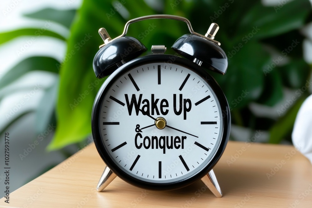 Poster single alarm clock on a nightstand, with the simple text â€œwake up & conquerâ€ displayed in bold l