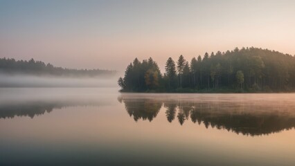 Fototapeta premium A peaceful lake surrounded by autumn trees, with a gentle layer of fog drifting across the water at sunrise. The stillness of the water perfectly reflects the colorful trees, creating a serene and cal