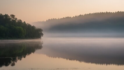 Fototapeta premium A peaceful lake surrounded by autumn trees, with a gentle layer of fog drifting across the water at sunrise. The stillness of the water perfectly reflects the colorful trees, creating a serene and cal