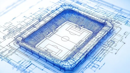 3D blueprint of a stadium opens, revealing audience flow and structural functionality, on an isolated background.