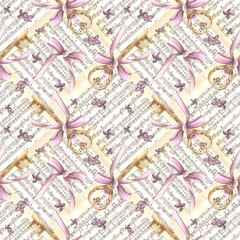 Fototapeta premium Seamless pattern with vintage key and pink satin bow on the background of old pages with notes. Watercolor illustration. Romance, love, secret, gift, holiday. Template for design, packaging, textiles