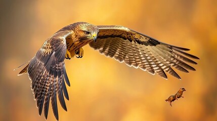 Obraz premium A hawk in flight with its talons extended, about to swoop down on its prey, a small bird.