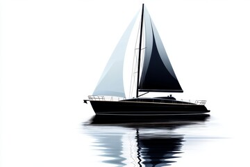 Fototapeta premium Single sailboat silhouette against a white background, with simple, clean lines capturing the elegance of the sail and hull as it moves through still waters