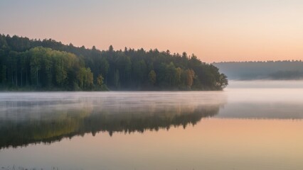 Obraz premium A peaceful lake surrounded by autumn trees, with a gentle layer of fog drifting across the water at sunrise. The stillness of the water perfectly reflects the colorful trees, creating a serene and cal