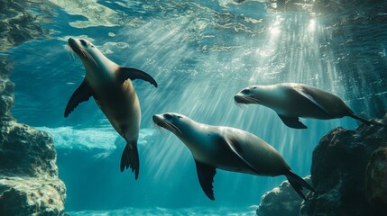 Obraz premium Majestic Underwater Adventure: Seals Gliding Through Turquoise Waters