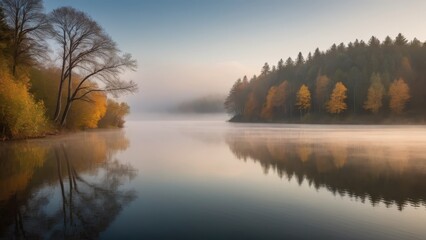 Obraz premium A peaceful lake surrounded by autumn trees, with a gentle layer of fog drifting across the water at sunrise. The stillness of the water perfectly reflects the colorful trees, creating a serene and cal
