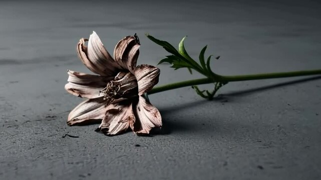 Wilted flower on ground symbolizes inevitable death.