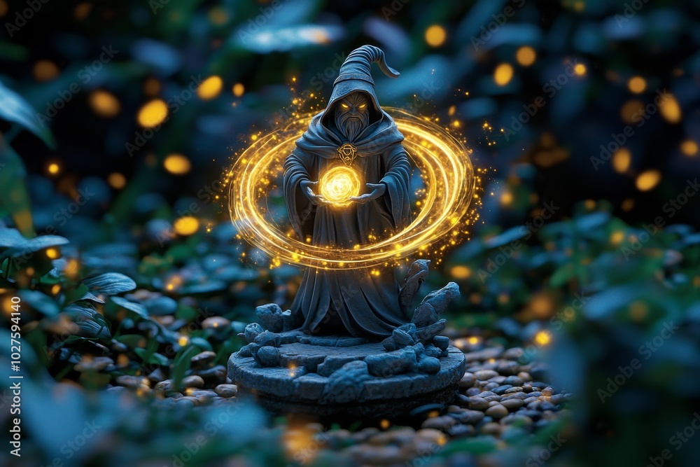 Poster statue of a wizard casting a spell, with magical energy swirling around the stone figure, set in the