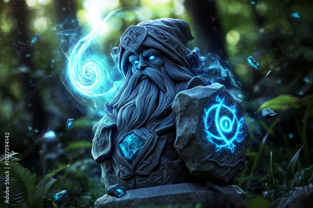 Poster statue of a wizard casting a spell, with magical energy swirling around the stone figure, set in the