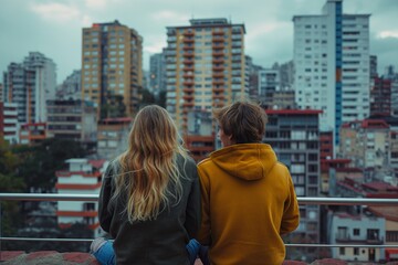 young couple looking at city from balcony. view from back. city of europe, old architecture. beautiful view. young guys travel. europe, america