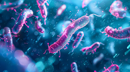 Bunch of pink and purple bacteria are floating in the air. The bacteria are small and have a fuzzy appearance. Concept of chaos and disorder, as the bacteria are scattered in various directions