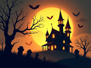 Halloween Spooky Night with Glowing Full Moon, Haunted House, and Gravestones and Flying Bats