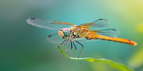 A vibrant dragonfly with orange and black stripes perched on a green leaf with its wings spread out.