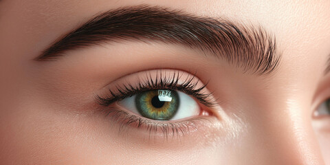 Fototapeta premium A detailed close-up shot of a vibrant green eye and a perfectly groomed eyebrow highlights beauty, precision, and the art of makeup in modern photography.
