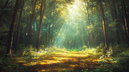 Obraz premium A vibrant landscape showcasing a dense forest with sunlight filtering through the leaves, creating a dappled effect on the forest floor, inviting a sense of tranquility. 