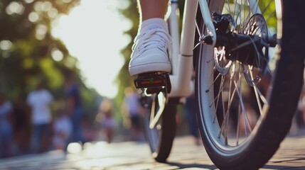 Naklejka premium Close-up of electric bike wheel and rider's foot on sunny city street