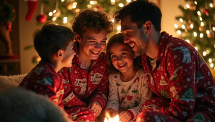 Family Celebrates Christmas Together in Festive Pajamas Around a Cozy Fireplace, Sharing Laughter and Warm Moments in a Beautifully Decorated Living Room