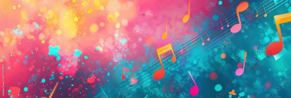 Poster brightly colored music notes dance across a dynamic gradient background filled with various vibrant 