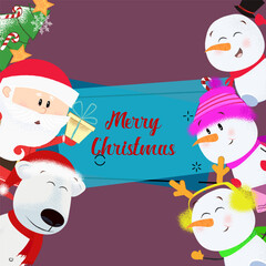 Merry Christmas greeting card design. Lettering with cartoon company on abstract background. Can be used for postcards, invitations, greeting cards