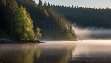 A mist-covered lake bordered by a forest, with the morning sun softly illuminating the fog and casting golden light across the water. The stillness of the scene and the reflection of the trees enhance