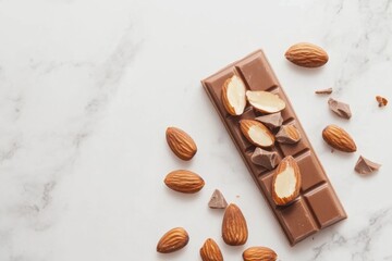 A milk chocolate bar with almonds, sitting on a marble countertop with crumbs scattered around