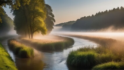 Soft fog rolls over a still river at dawn, with the golden morning light filtering through the trees. The quiet reflection of the forest on the water enhances the tranquility of this peaceful, mist-co