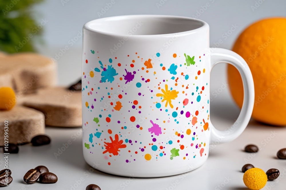 Poster watercolor depiction of a custom coffee mug, with playful splashes of color representing the custome