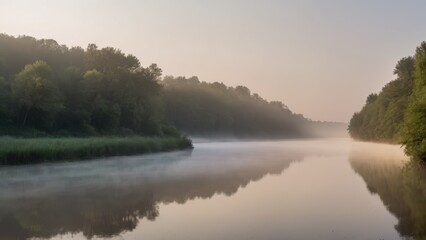 Fototapeta premium Soft fog rolls over a still river at dawn, with the golden morning light filtering through the trees. The quiet reflection of the forest on the water enhances the tranquility of this peaceful, mist-co