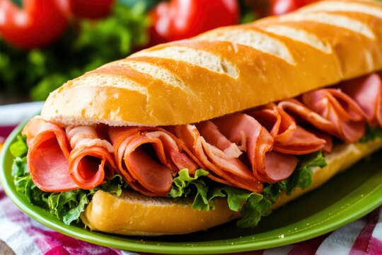 A colorful hoagie sandwich packed with ham, cheese, and fresh vegetables, displayed on a festive plate for National Hoagie Day - Powered by Adobe