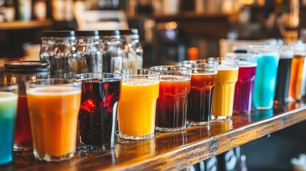 A diverse array of beverages lined up on a bar, including coffee, tea, juice, and soda, showcasing variety