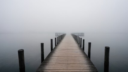 Obraz premium A wooden pier stretches into the mist over a calm, fog-covered lake. The peaceful atmosphere and still water create a sense of solitude and tranquility in this ethereal landscape