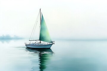 Fototapeta premium Watercolor painting of a sailboat on a calm lake, with soft blues and greens blending together to create a peaceful, serene scene, with gentle brushstrokes capturing the motion of the water