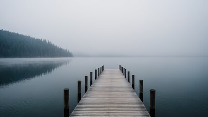 Naklejka premium A wooden pier stretches into the mist over a calm, fog-covered lake. The peaceful atmosphere and still water create a sense of solitude and tranquility in this ethereal landscape