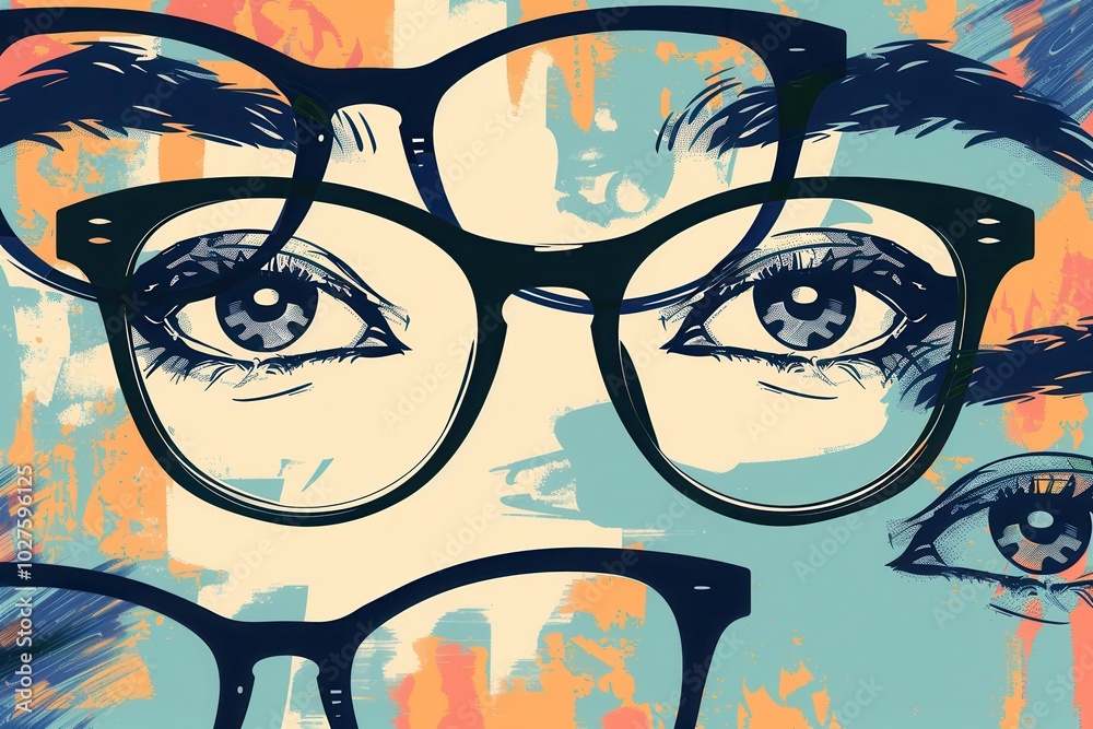 Poster the composition features stylish eyeglasses prominently displayed against a backdrop of artistic eye